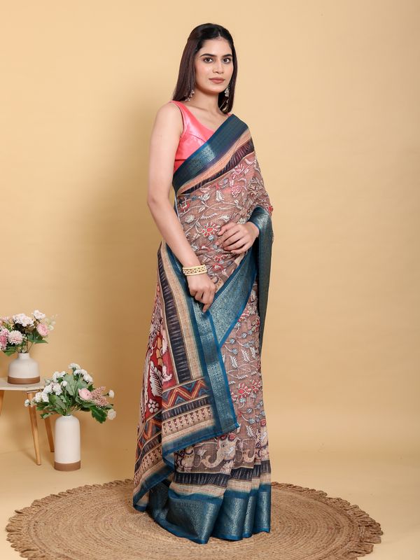 Buy Brown Floral Print Linen Cotton Saree with Woven Border
