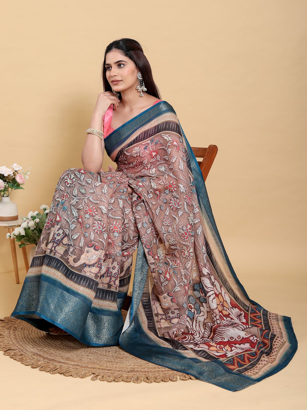 Buy Brown Floral Print Linen Cotton Saree with Woven Border