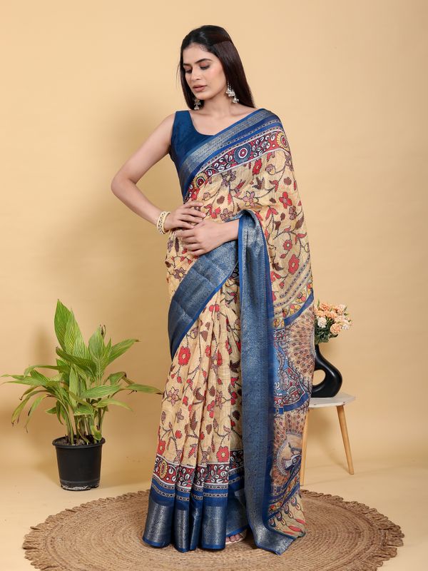 Beige Linen Cotton Saree with Folk Floral Prints by Varnavi