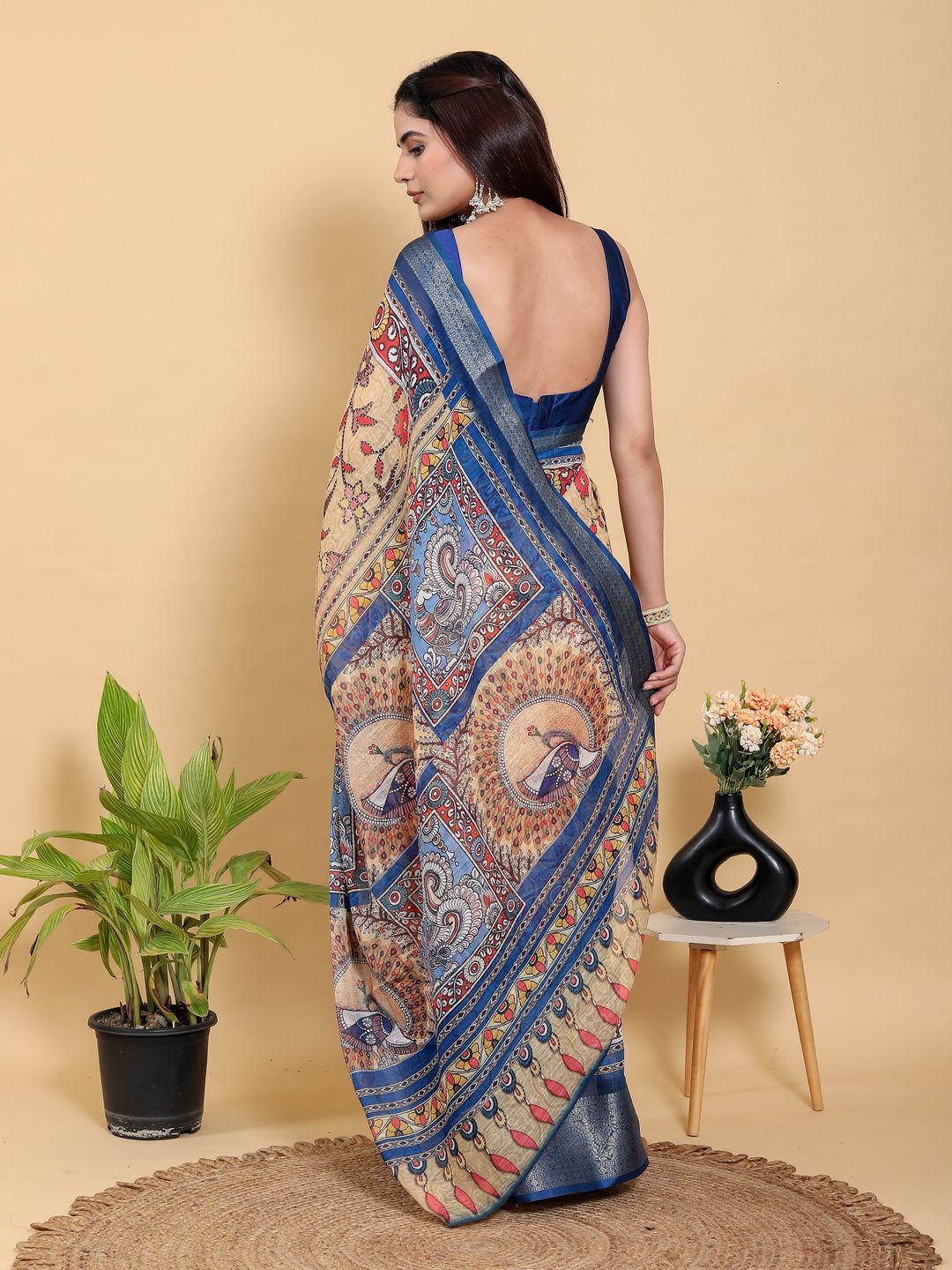 Beige Linen Cotton Saree with Folk Floral Prints by Varnavi