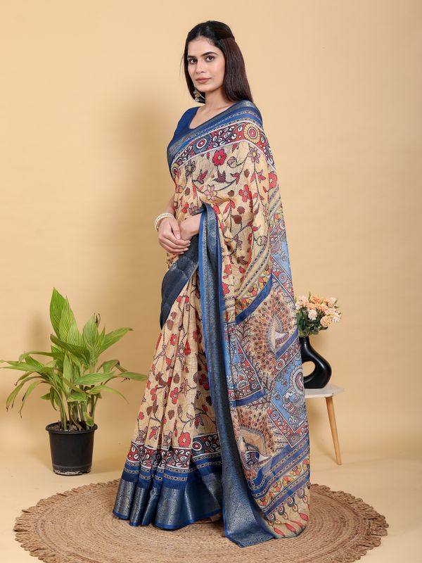 Beige Linen Cotton Saree with Folk Floral Prints by Varnavi