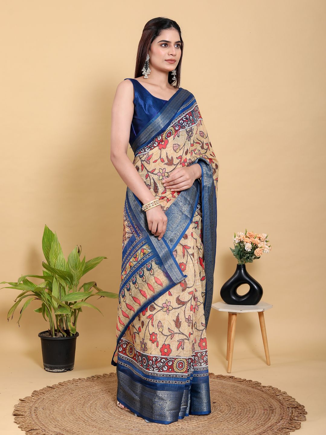Beige Linen Cotton Saree with Folk Floral Prints by Varnavi