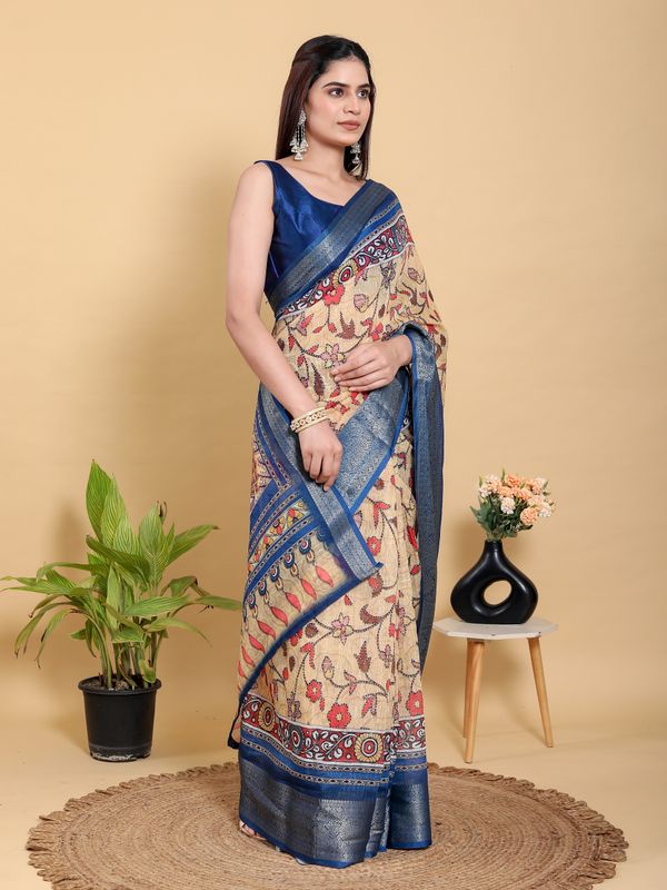 Beige Linen Cotton Saree with Folk Floral Prints by Varnavi