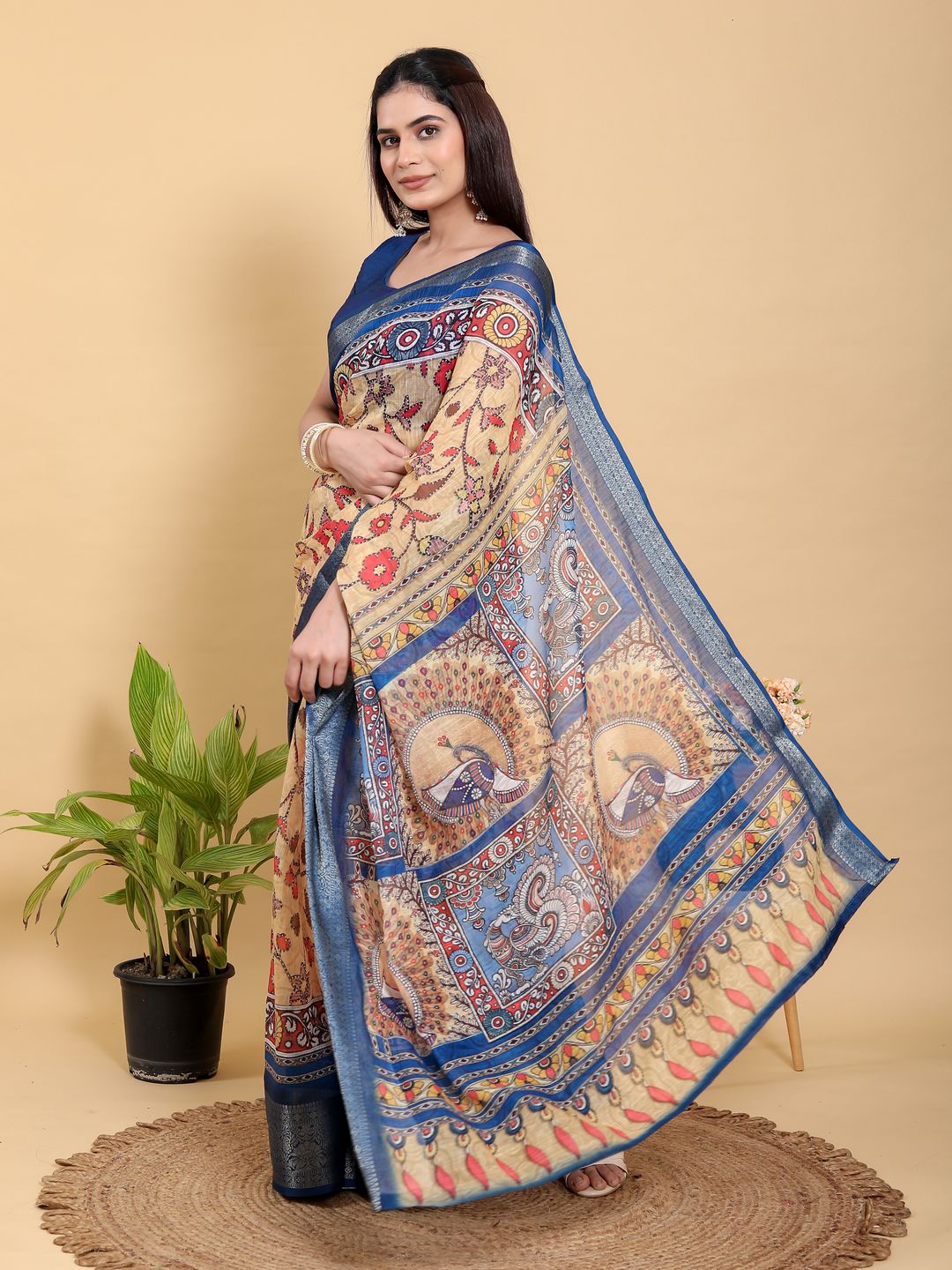 Beige Linen Cotton Saree with Folk Floral Prints by Varnavi