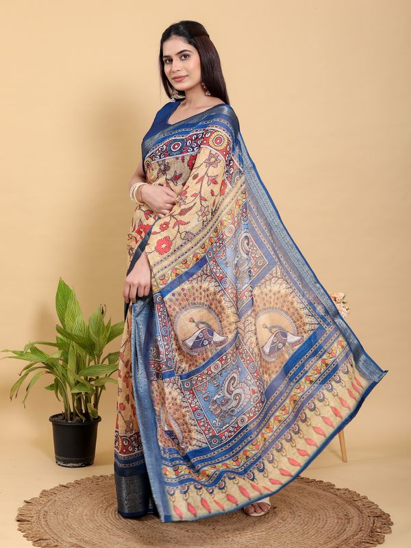 Beige Linen Cotton Saree with Folk Floral Prints by Varnavi