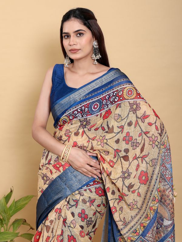 Beige Linen Cotton Saree with Folk Floral Prints by Varnavi