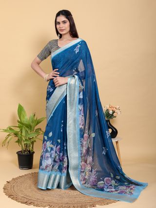 Deep Blue Floral Print Linen Cotton Saree with Woven Border