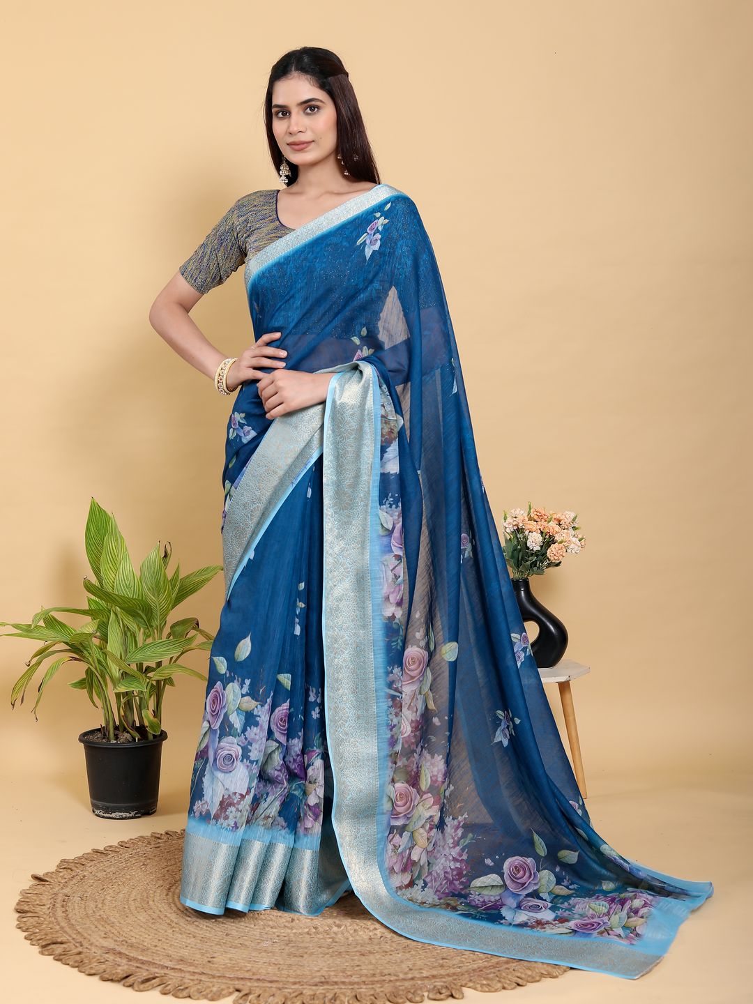 Deep Blue Floral Print Linen Cotton Saree with Woven Border