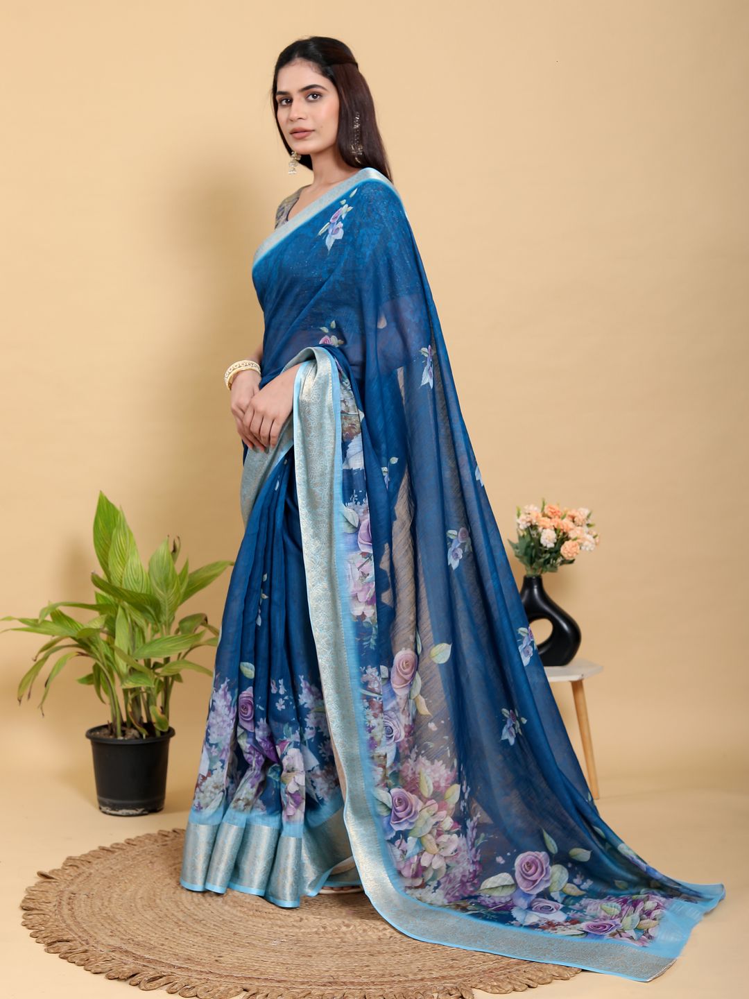 Deep Blue Floral Print Linen Cotton Saree with Woven Border