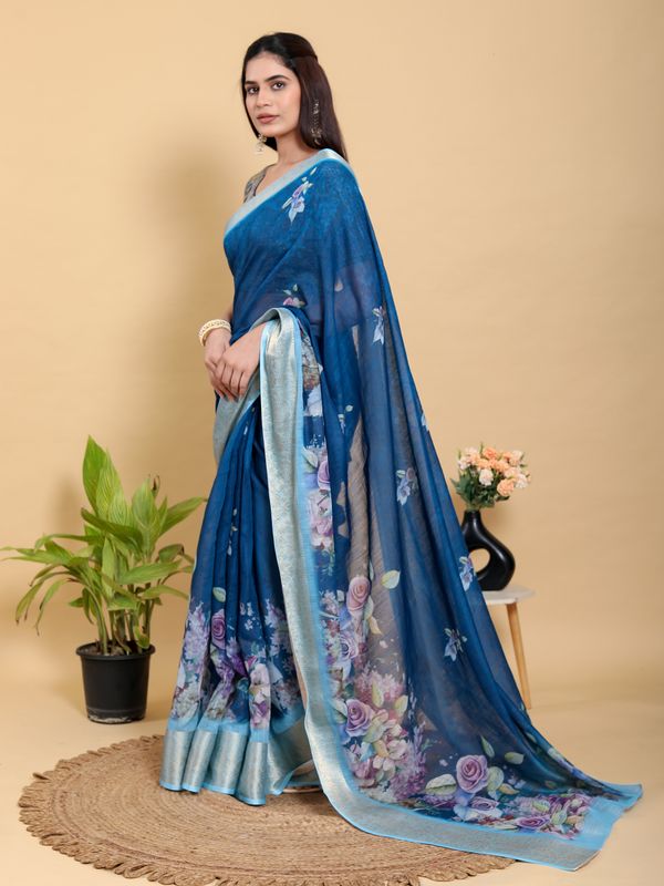 Deep Blue Floral Print Linen Cotton Saree with Woven Border