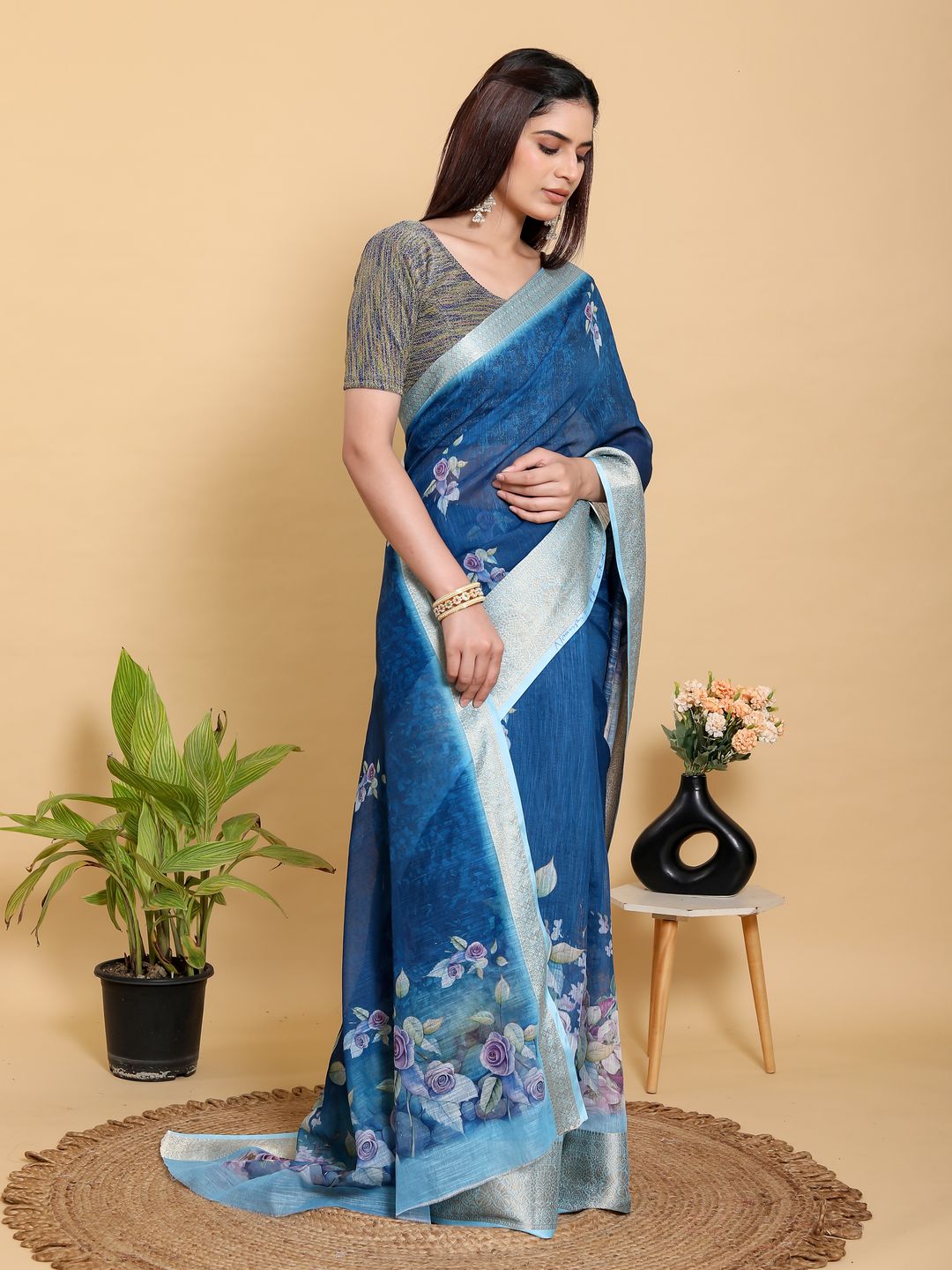 Deep Blue Floral Print Linen Cotton Saree with Woven Border