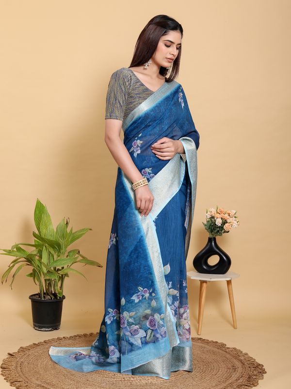 Deep Blue Floral Print Linen Cotton Saree with Woven Border