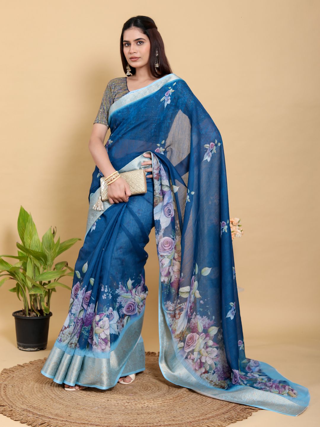 Deep Blue Floral Print Linen Cotton Saree with Woven Border