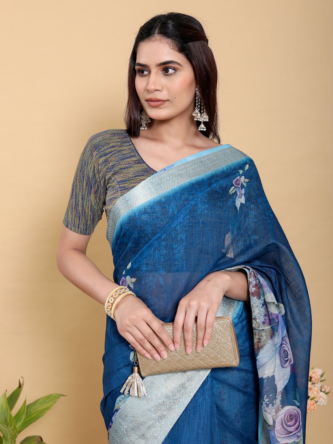 Deep Blue Floral Print Linen Cotton Saree with Woven Border