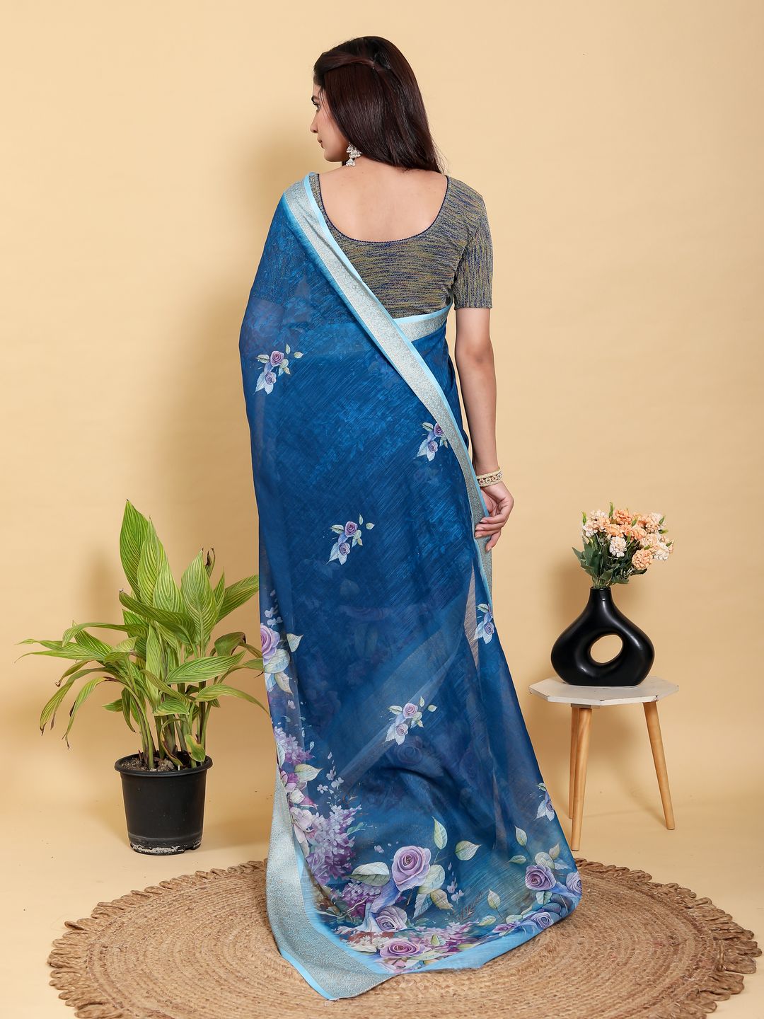 Deep Blue Floral Print Linen Cotton Saree with Woven Border