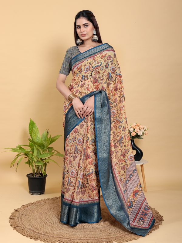 Beige Floral Printed Linen Cotton Saree with Blue Border