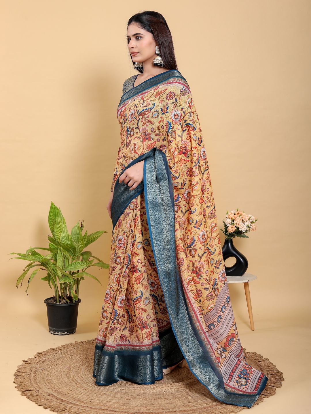 Beige Floral Printed Linen Cotton Saree with Blue Border