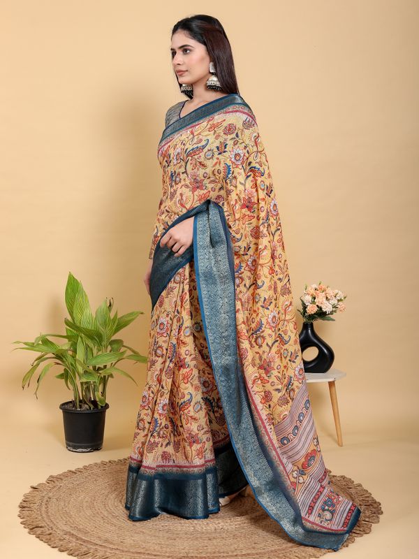 Beige Floral Printed Linen Cotton Saree with Blue Border