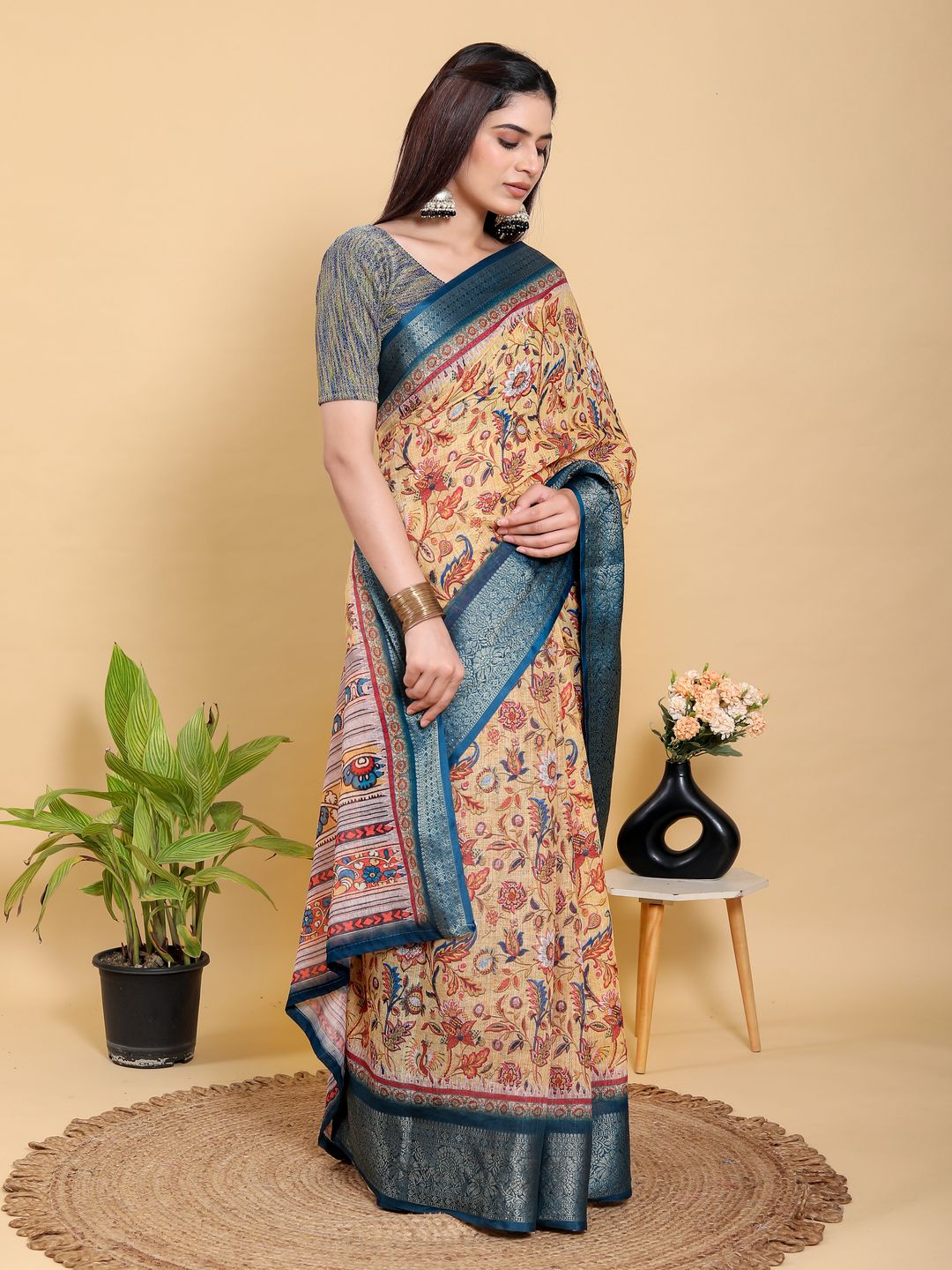 Beige Floral Printed Linen Cotton Saree with Blue Border