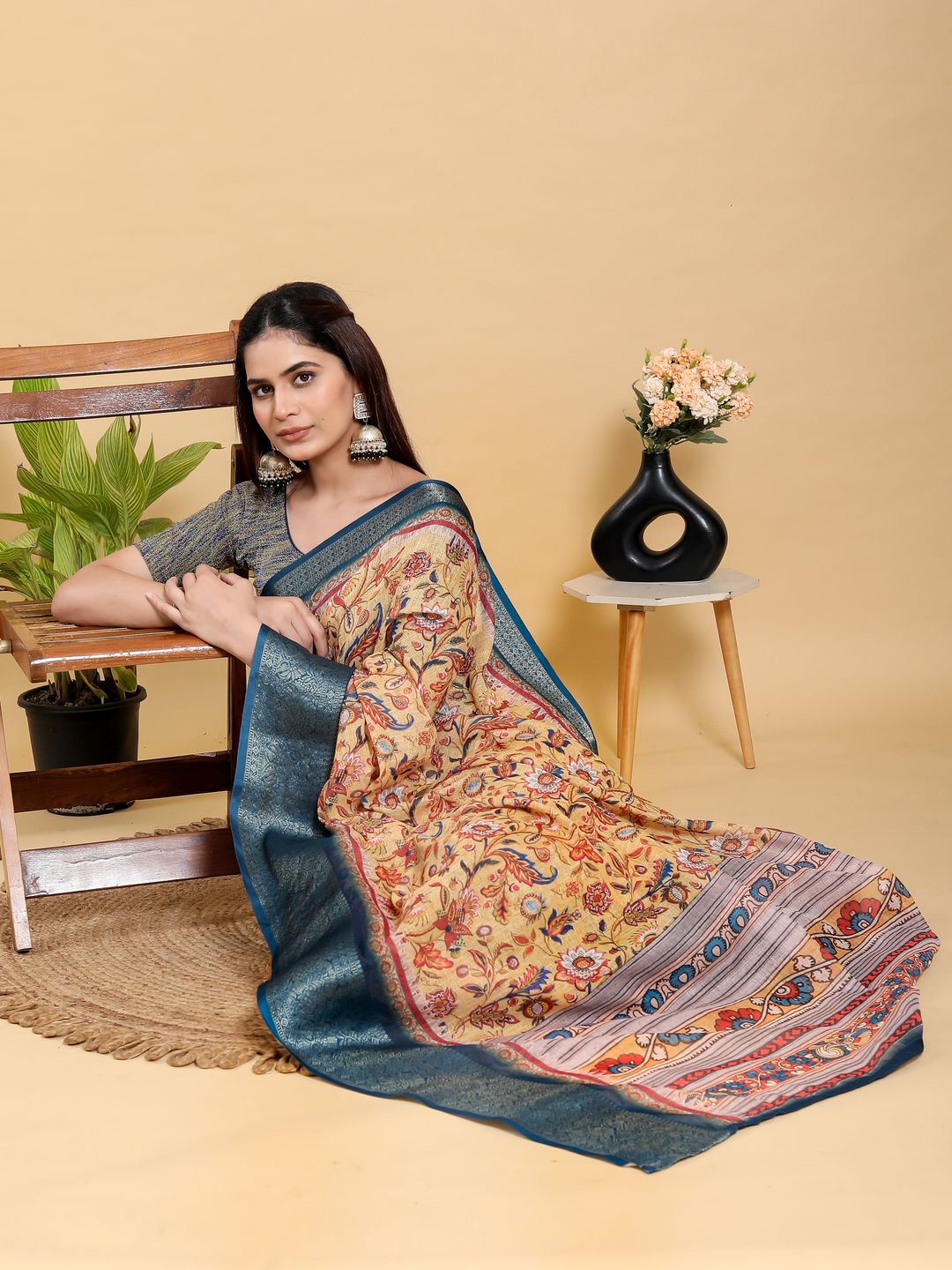 Beige Floral Printed Linen Cotton Saree with Blue Border