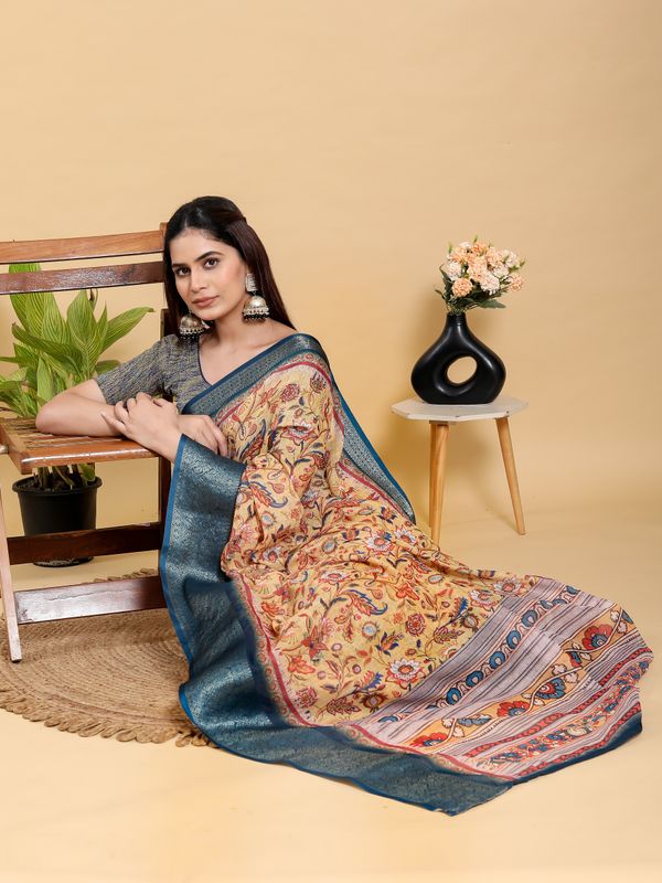 Beige Floral Printed Linen Cotton Saree with Blue Border