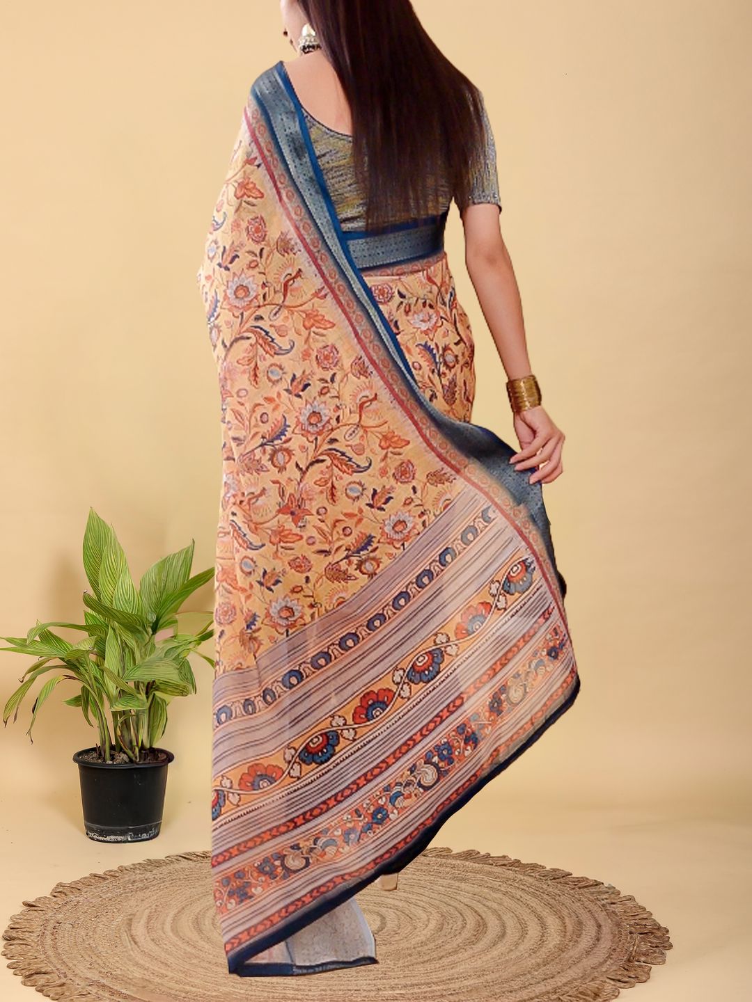 Beige Floral Printed Linen Cotton Saree with Blue Border