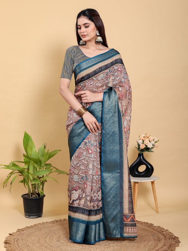 Buy Mocha Floral Linen Cotton Saree with Teal Border Design