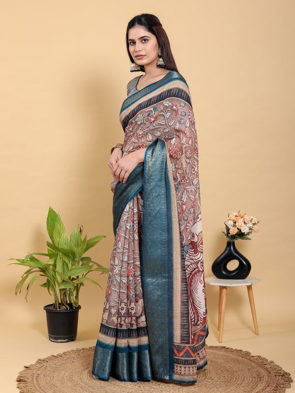 Buy Mocha Floral Linen Cotton Saree with Teal Border Design