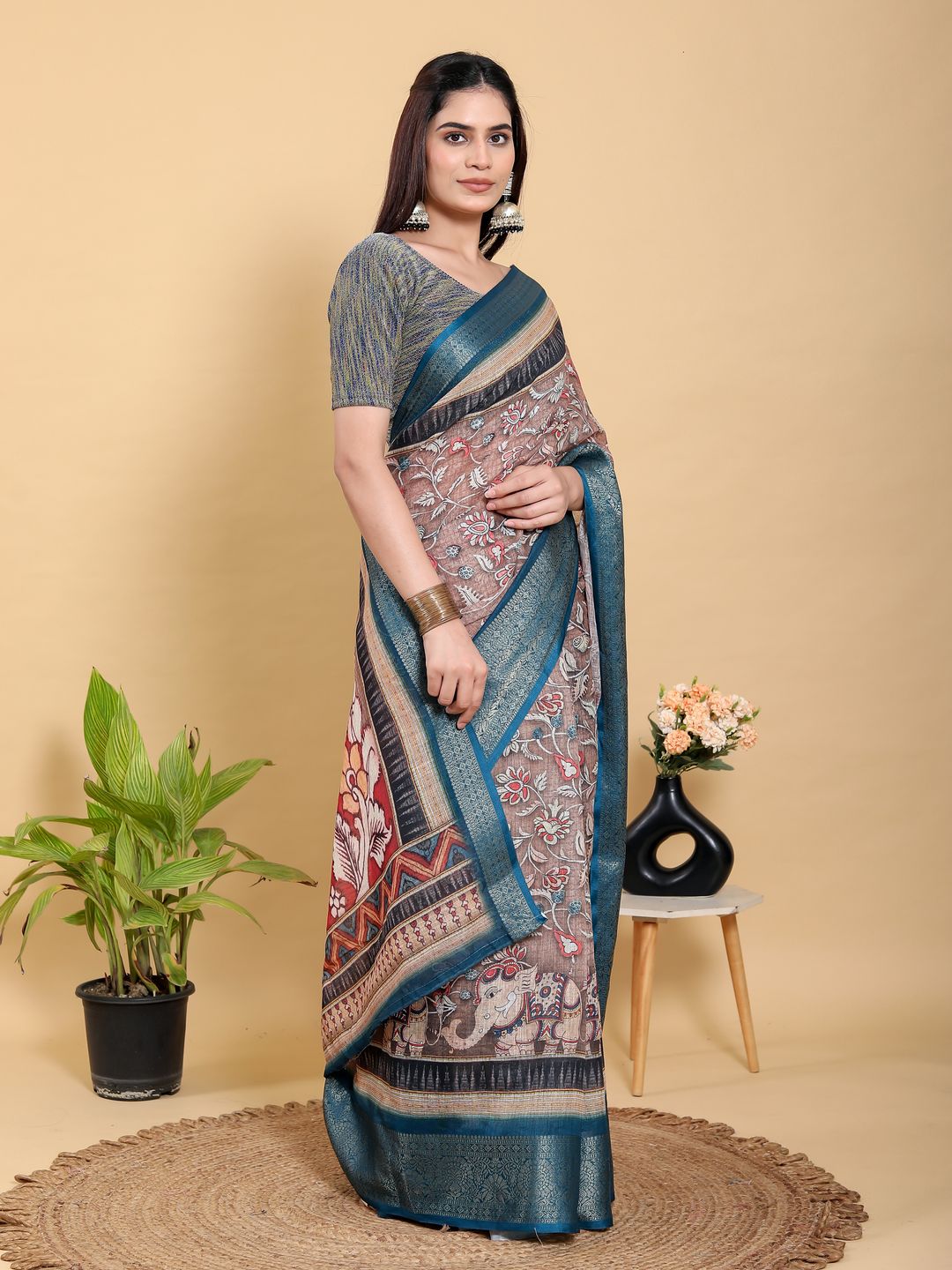 Buy Mocha Floral Linen Cotton Saree with Teal Border Design