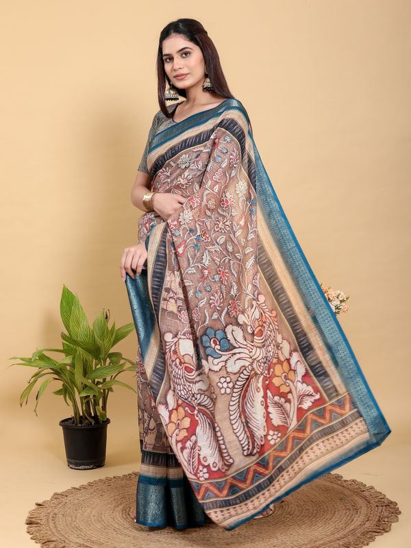 Buy Mocha Floral Linen Cotton Saree with Teal Border Design