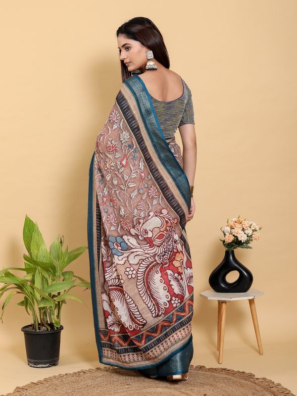 Buy Mocha Floral Linen Cotton Saree with Teal Border Design