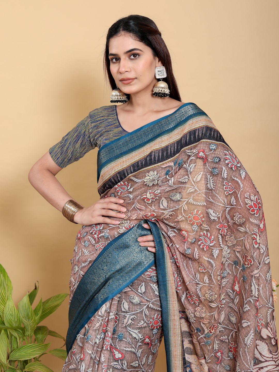 Buy Mocha Floral Linen Cotton Saree with Teal Border Design