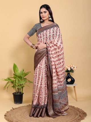 Buy Peach Floral Linen Cotton Saree with Brown Woven Border