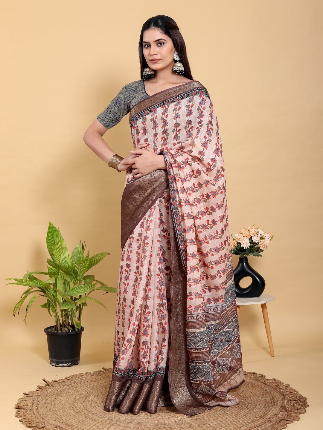 Buy Peach Floral Linen Cotton Saree with Brown Woven Border