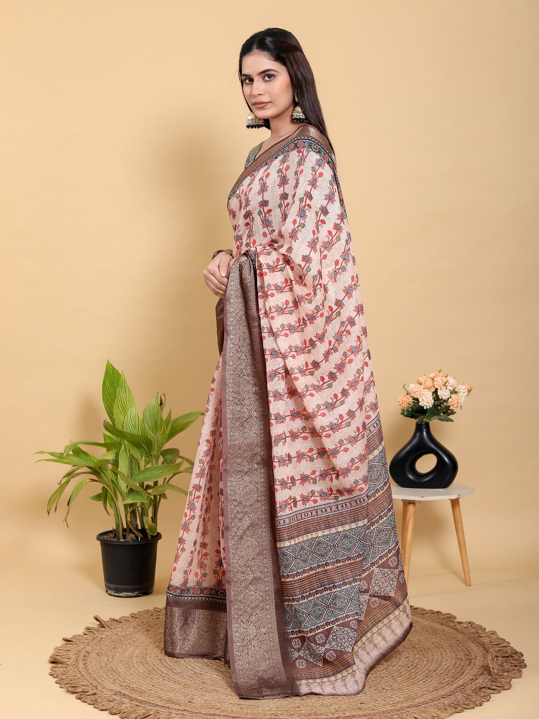 Buy Peach Floral Linen Cotton Saree with Brown Woven Border