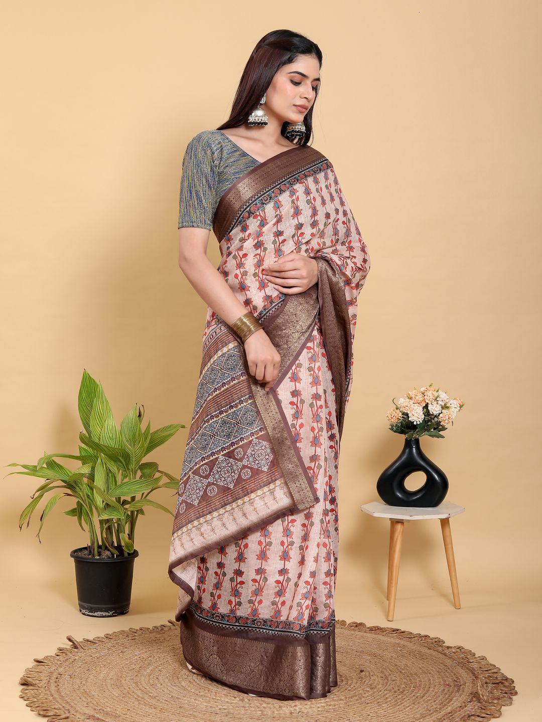 Buy Peach Floral Linen Cotton Saree with Brown Woven Border