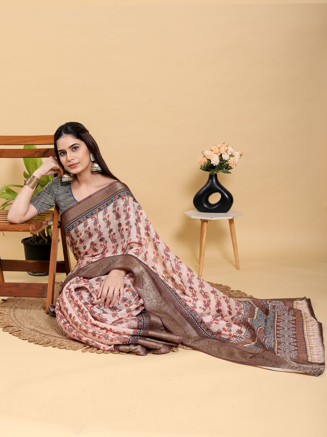 Buy Peach Floral Linen Cotton Saree with Brown Woven Border