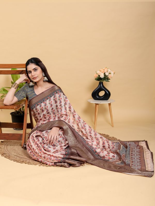 Buy Peach Floral Linen Cotton Saree with Brown Woven Border