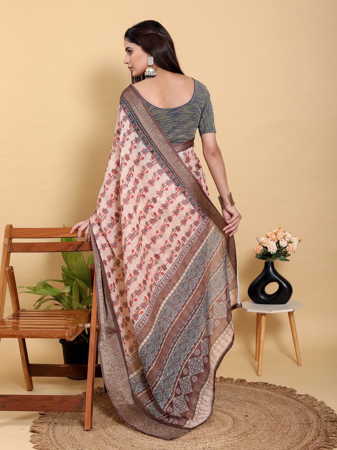 Buy Peach Floral Linen Cotton Saree with Brown Woven Border