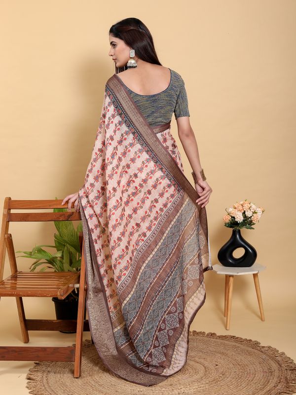 Buy Peach Floral Linen Cotton Saree with Brown Woven Border