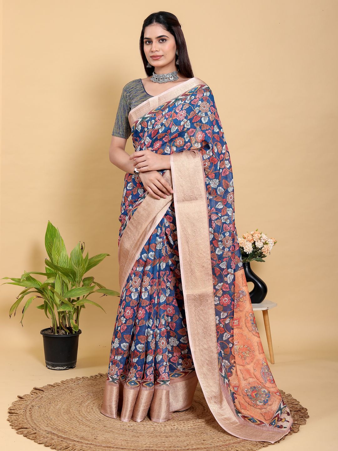 Blue Floral Printed Linen Cotton Saree with Jacquard Border