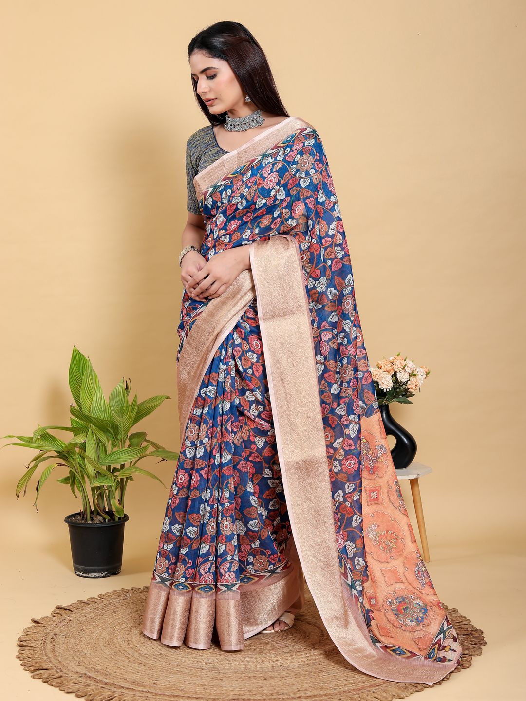 Blue Floral Printed Linen Cotton Saree with Jacquard Border