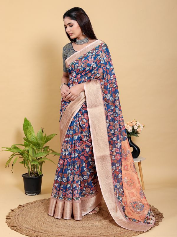 Blue Floral Printed Linen Cotton Saree with Jacquard Border