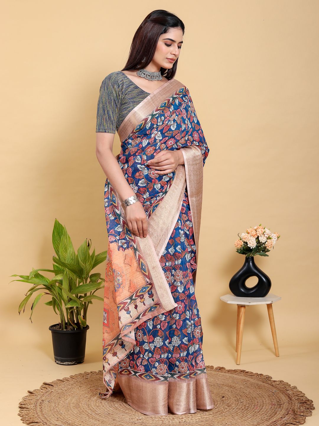 Blue Floral Printed Linen Cotton Saree with Jacquard Border