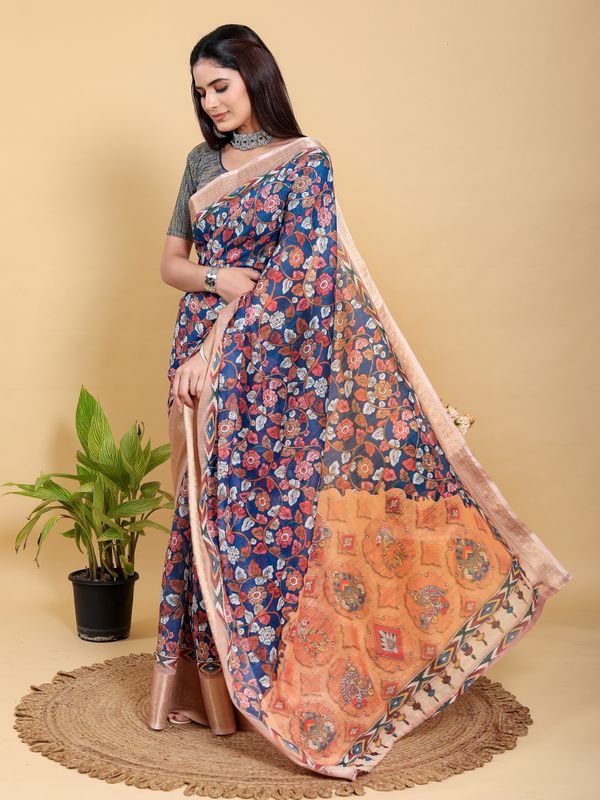 Blue Floral Printed Linen Cotton Saree with Jacquard Border