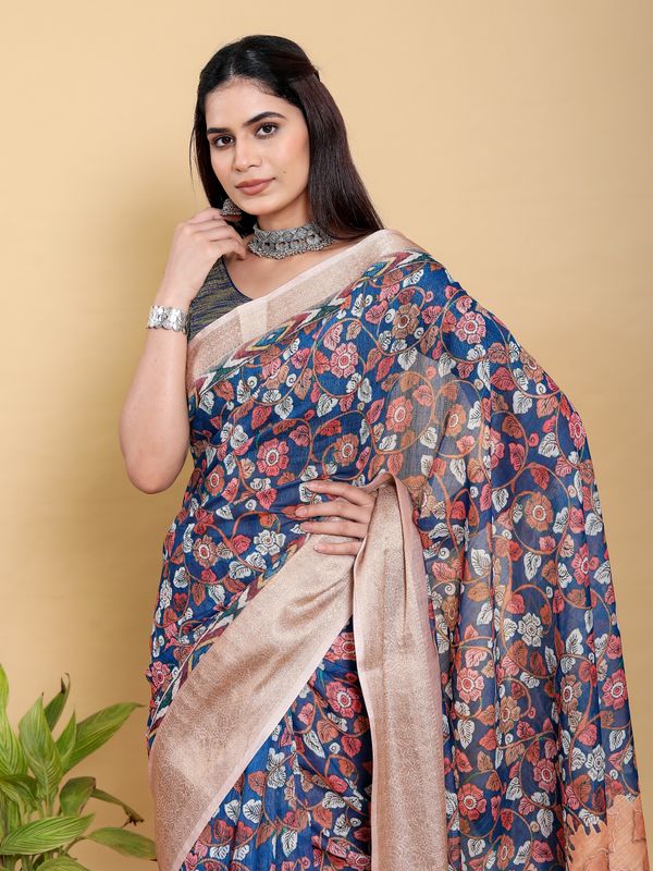 Blue Floral Printed Linen Cotton Saree with Jacquard Border