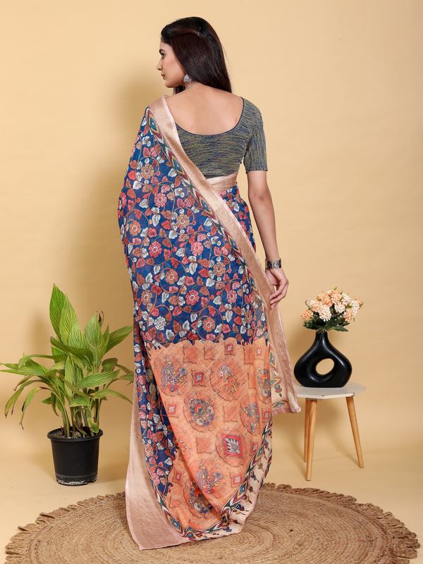 Blue Floral Printed Linen Cotton Saree with Jacquard Border