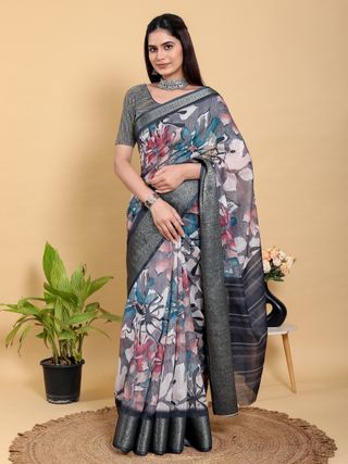 Grey Floral Printed Linen Cotton Saree with Jacquard Border