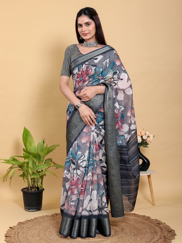 Grey Floral Printed Linen Cotton Saree with Jacquard Border