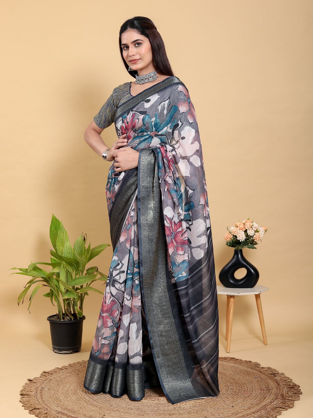 Grey Floral Printed Linen Cotton Saree with Jacquard Border